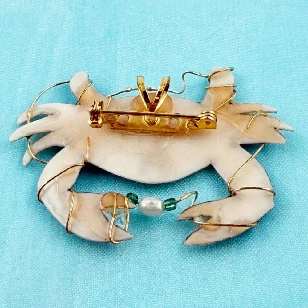 Artisan Hand-Painted Blue Crab Brooch Pendant with Pearl & Wire Wrap Accent